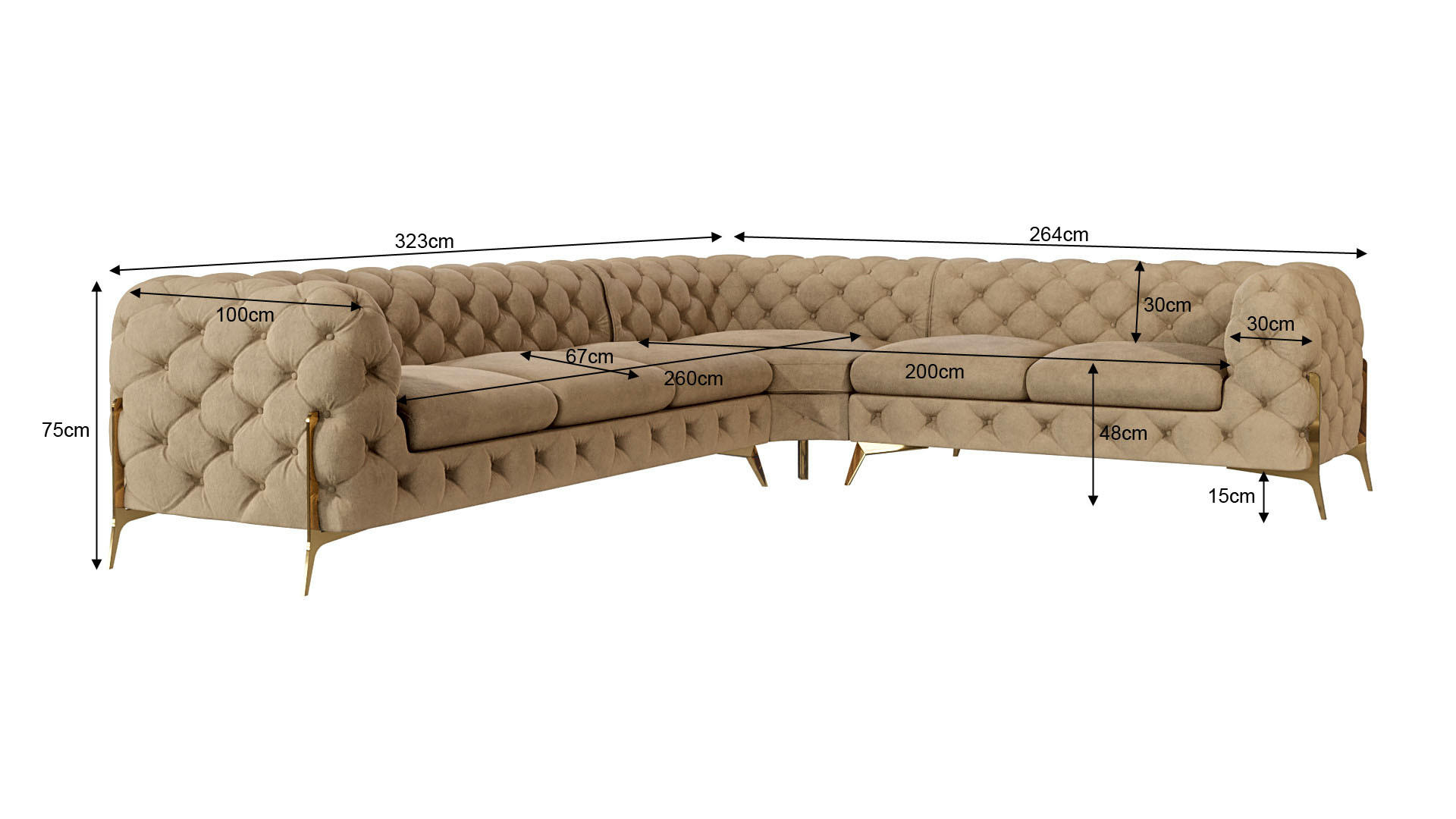 ECKSOFA Chesterfield Lexi Beige Samt, langer Schenkel links - Beige/Goldfarben, Holz/Textil (323/264cm) - S-Style Möbel