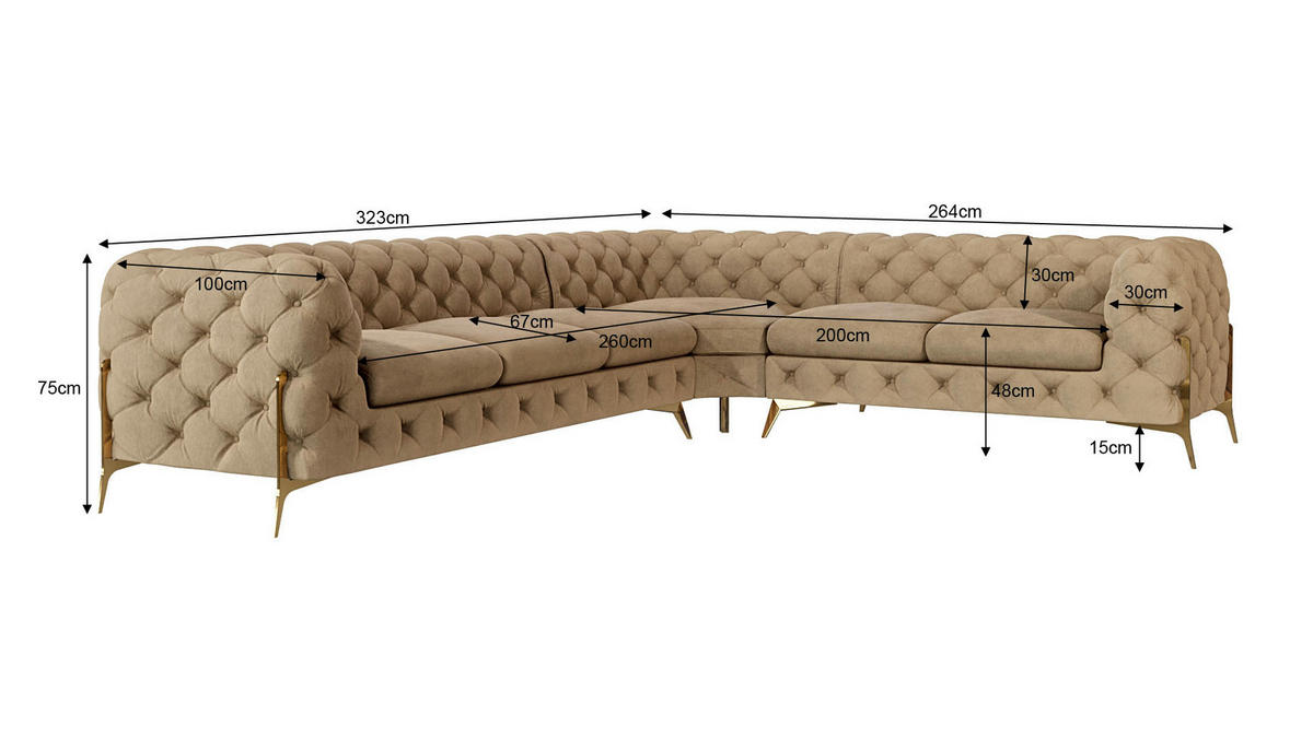 ECKSOFA Chesterfield Lexi Beige Samt, langer Schenkel links - Beige/Goldfarben, Holz/Textil (323/264cm) - S-Style Möbel