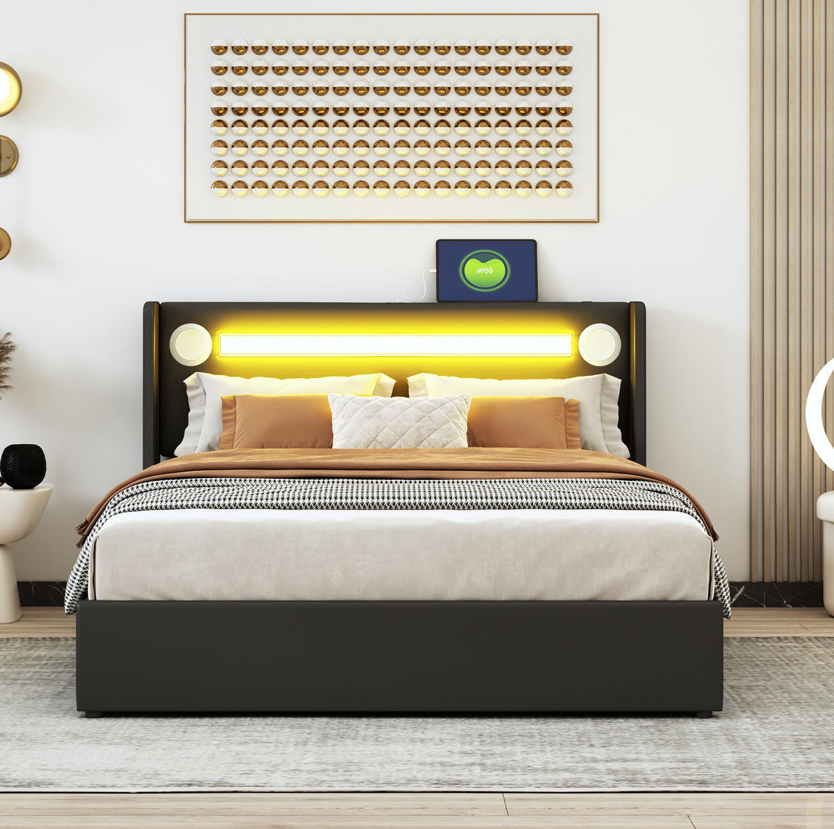ČALÚNENÁ posteľ 140/200 cm s LED osvetlením, Bluetooth prehrávačom a USB nabíjaním, úložný priestor, Čierna - čierna, plast (140/200cm) - Redom