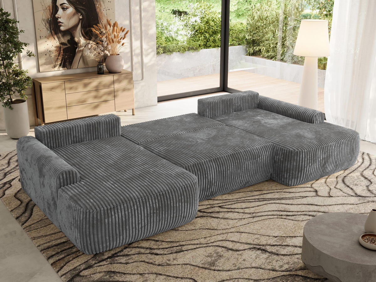 WOHNLANDSCHAFT CUBO U Dunkelgrau Cord - Dunkelgrau/Schwarz, Kunststoff/Textil (370/100/187cm) - MKS