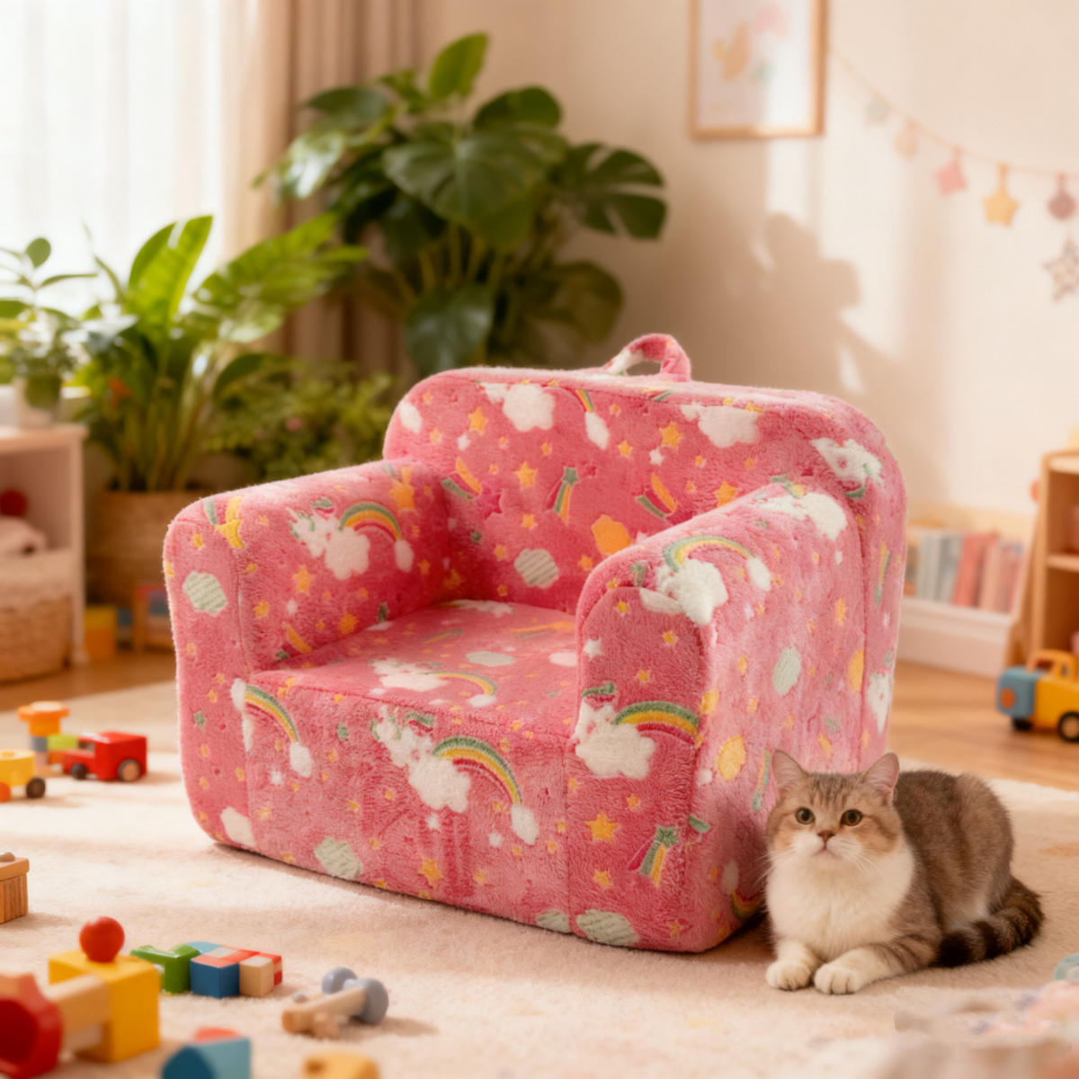 KINDERSOFA Stoff mit Schaumfüllung abnehmbarer Bezug, leuchtendem Muster 49/64/49 cm Rosa - Rosa, Textil (64/49/49cm) - Redom