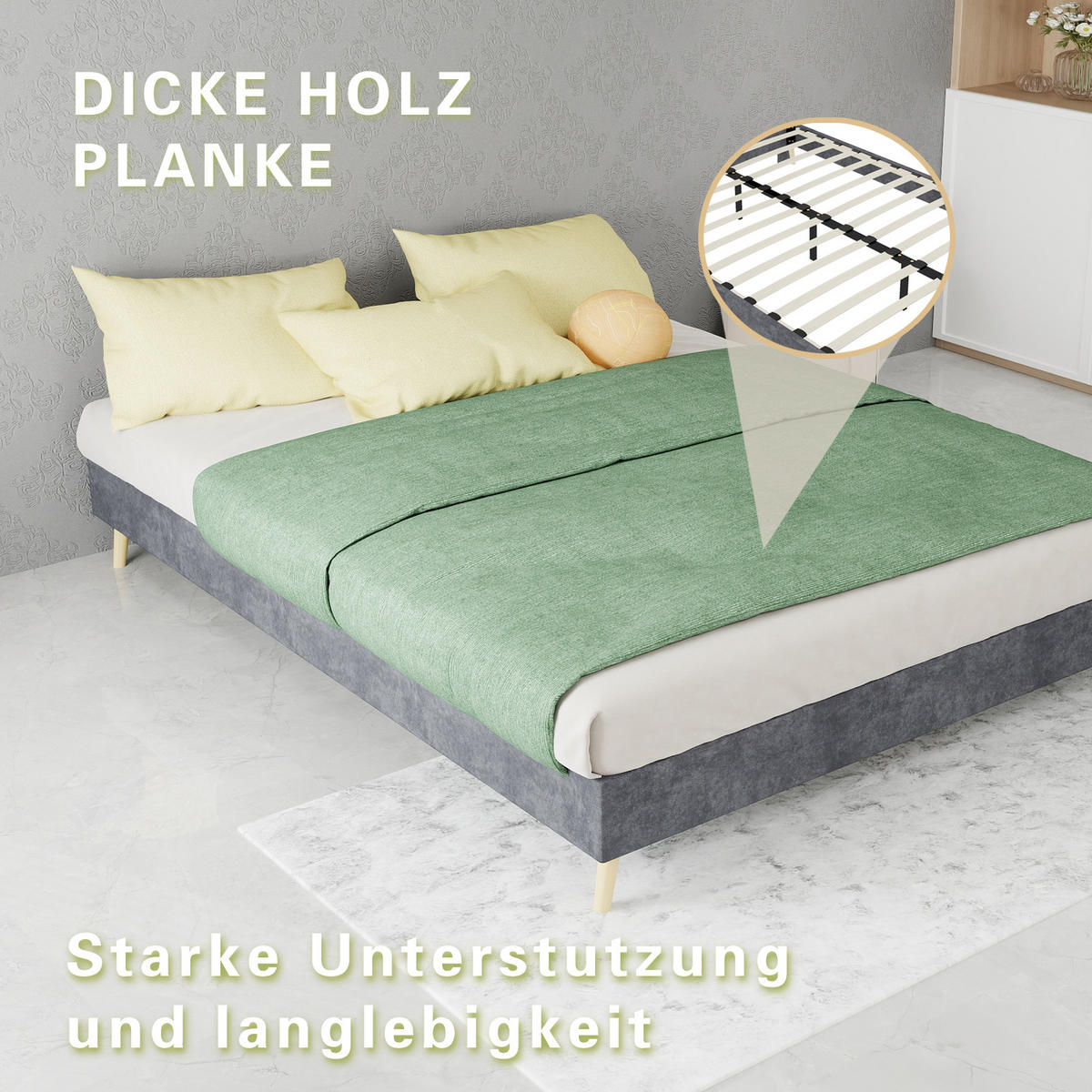 RAHMENBETT 140/200 cm in Grau Stoff Modernes Bettgestell aus Metall im minimalistischen Design - Naturfarben/Grau, Holzwerkstoff/Textil (140/200cm) - STILVORA
