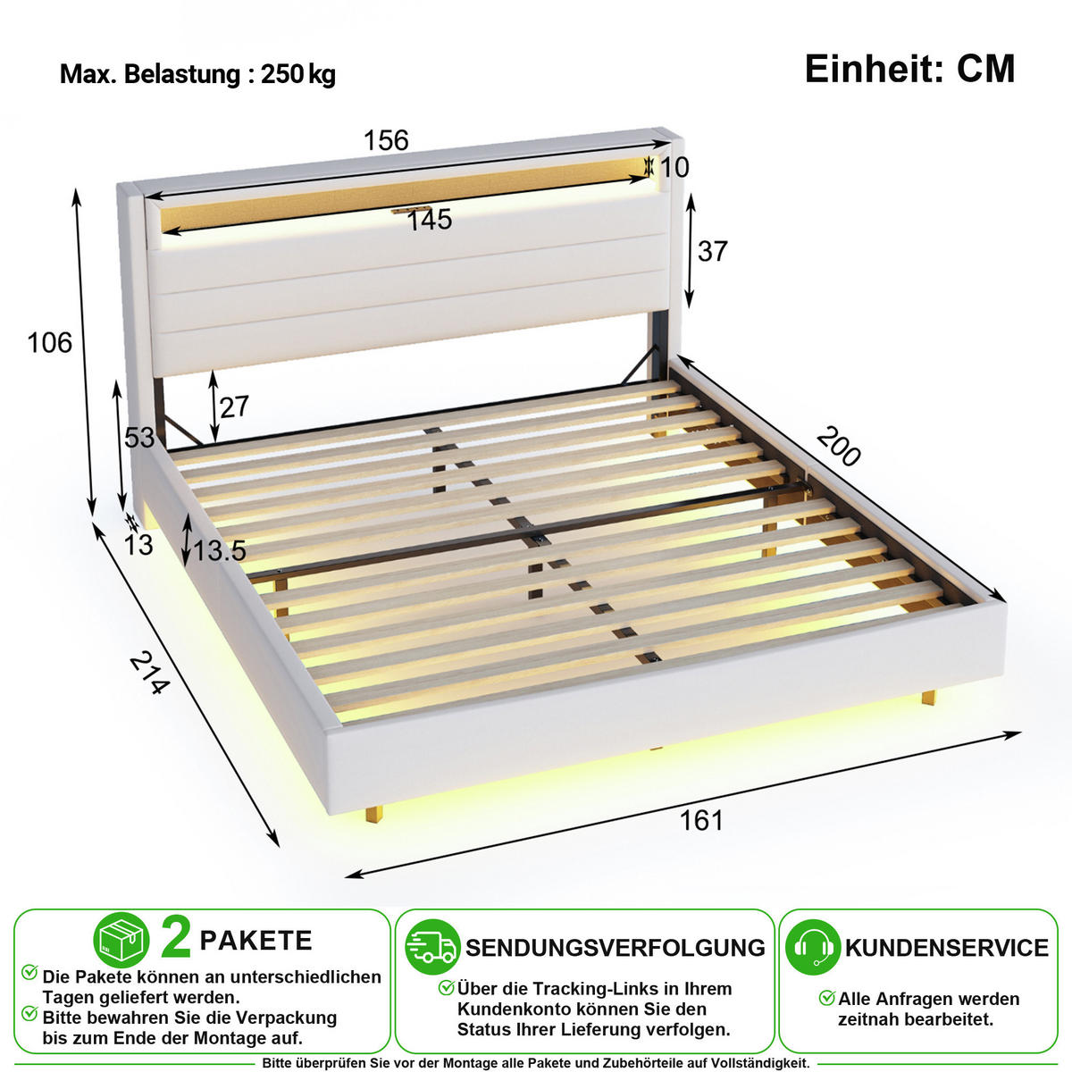 ČALOUNĚNÁ POSTEL 160/200 cm v béžové barvě s LED osvětlením a USB - béžová, kov/kompozitní dřevo (160/200cm) - CHICFURN