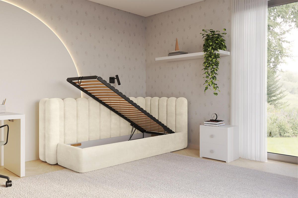 EINZELLBETT Jugendbett mit Bettkasten und Matratze H3/H4, Links - HUGY 100x200 Beige - Beige, Holzwerkstoff/Textil (100/200cm) - ALTDECOR
