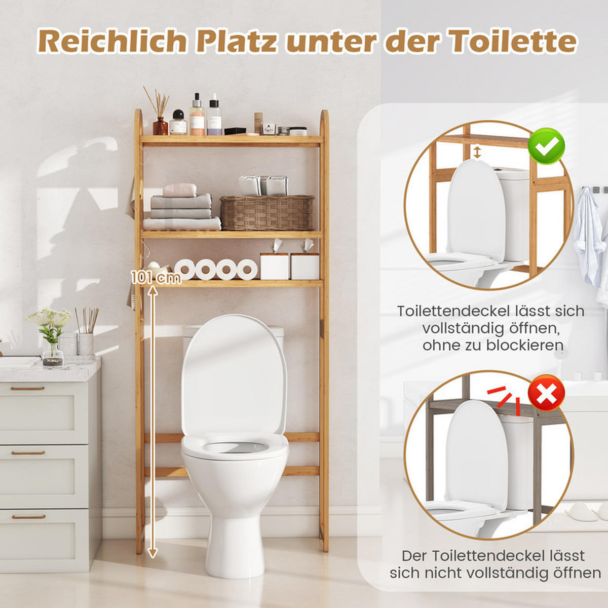 TOILETTENREGAL aus Bambus natürlich - Naturfarben, Naturmaterialen (71.5/166/25cm) - COSTWAY