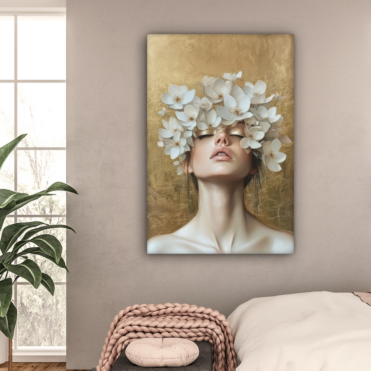 LEINWANDBILD Gesicht - Blumen - Gold - Abstrakt Deko Groß 90x140 cm - Goldfarben, Textil (90/140cm) - MuchoWow