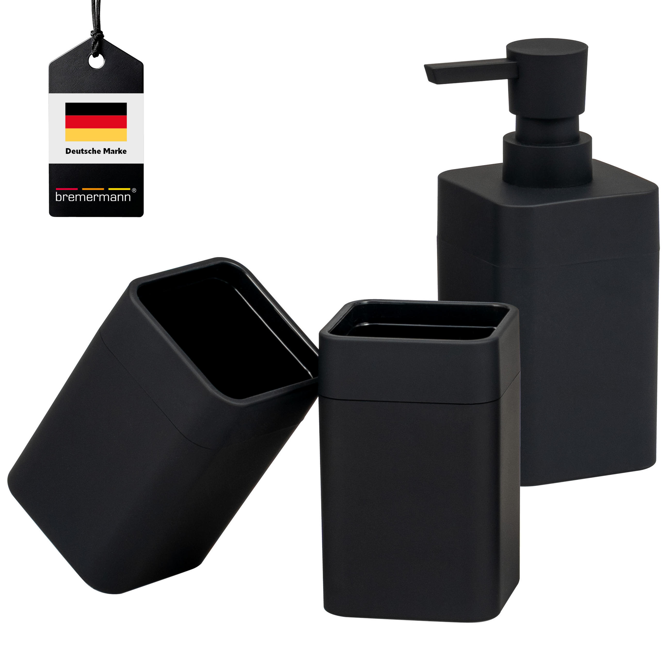 BADEZIMMER-SET SAVONA, Soft-Touch, schwarz, eckig - Schwarz, Kunststoff (7/16/9cm) - bremermann