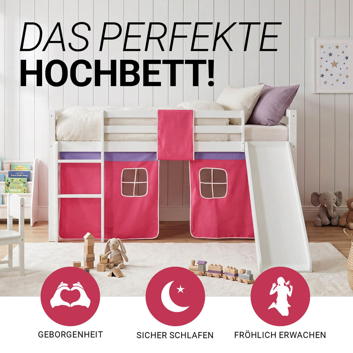 HOCHBETT 90/200 cm in Pink mit Lattenrost + Matratze - Pink/Weiß, Holz - Homestyle4u