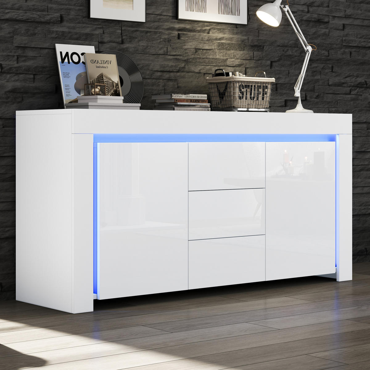 SIDEBOARD 140/40/65 cm in Weiß Hochglanz mit 2 Türen, 3 Schubladen & LED - Weiß, Holzwerkstoff (140/65/40cm) - BEAOK
