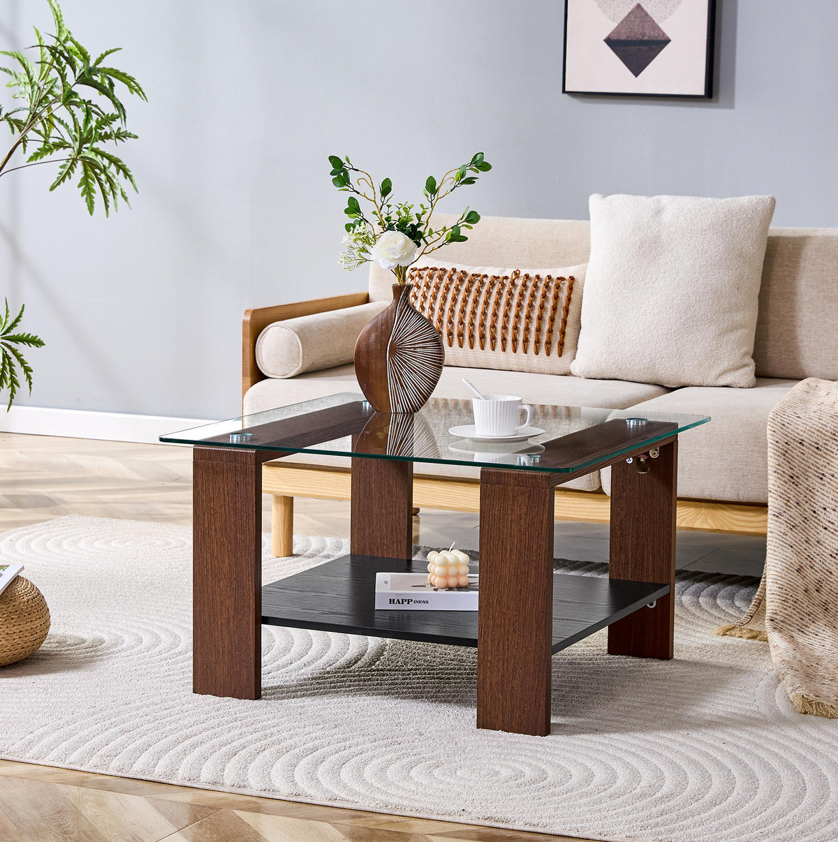 COUCHTISCH 75/75/45,5 cm walnussfarben aus MDF und Glas mit Ablage - Walnussfarben, Holzwerkstoff (75/75/45.5cm) - OKWISH