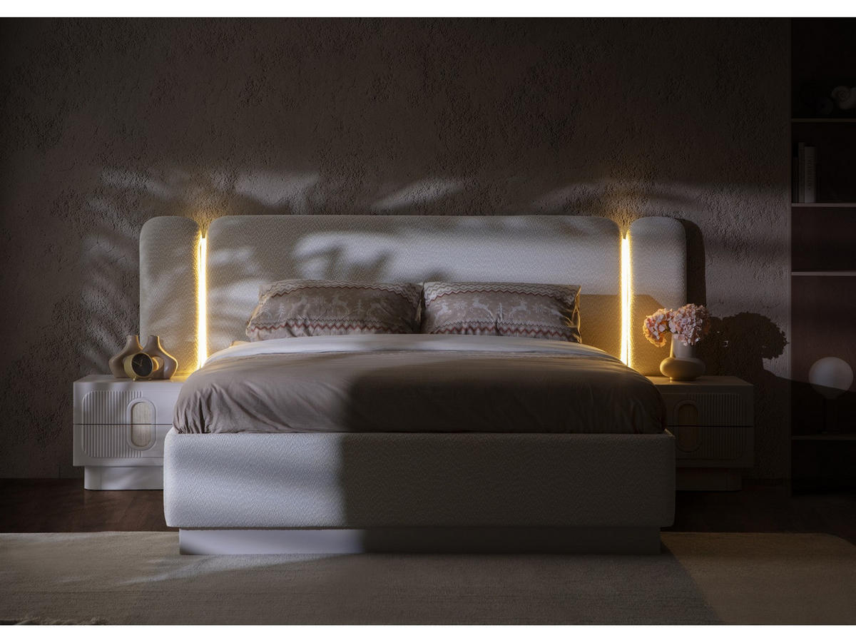 BETTANLAGE VALORIA Schlafzimmer-Set, 5-teilig, Creme, Bett mit Kopfteil 2 Nachttischen Kommode und Kleiderschrank - Creme, Leder/Holzwerkstoff (160/200cm) - Villa Möbel