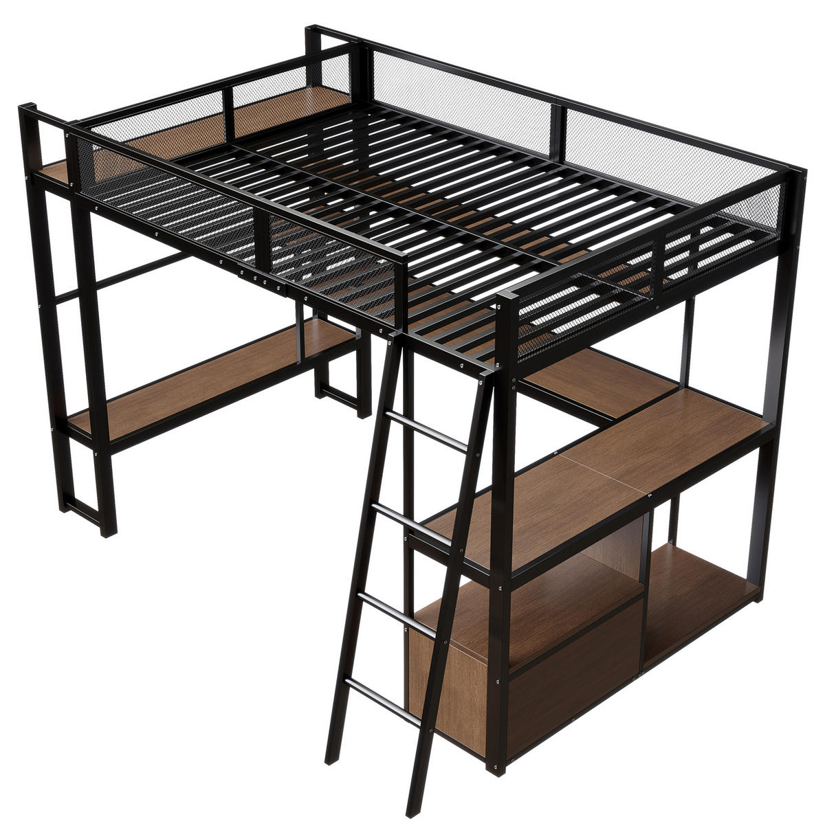 METALL-HOCHBETT aus MDF und Metall 140x200 cm Schwarz mit Arbeitsplatz, LED-Beleuchtung und Stauraum - Schwarz, Holzwerkstoff (140/200cm) - Modfu