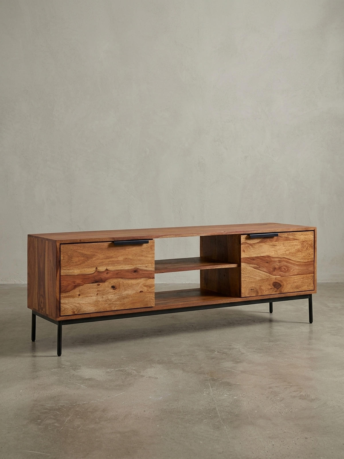 LOWBOARD Massivholz Landhausstil für 60-Zoll Fernseher mit offenen Fächern - Schwarz/Braun, Holz/Metall (147/51/38cm) - KADIMA DESIGN