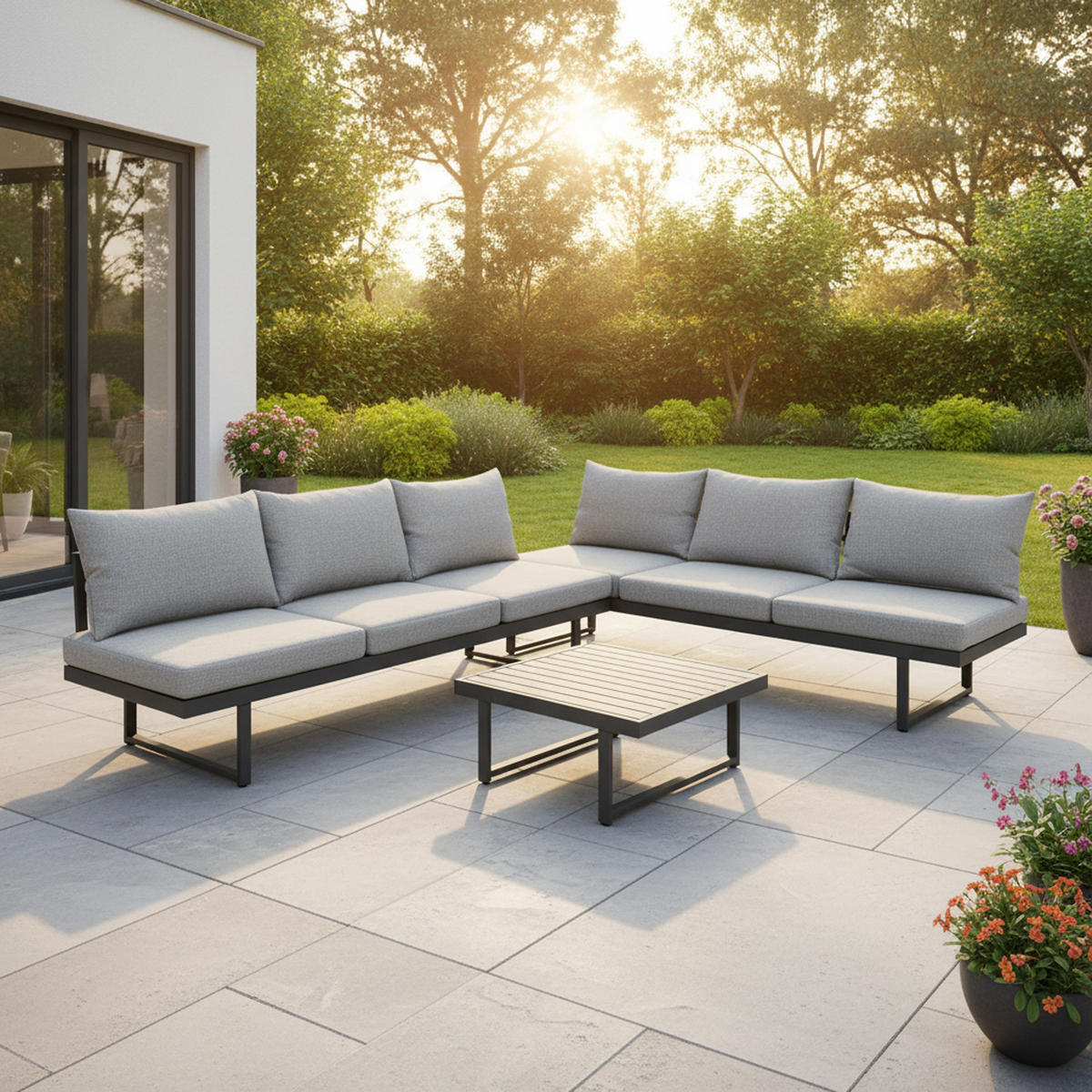 LOUNGESET Chatham - 4-teilig (1x 3-Sitzer Sofa mit Polster, 2x 1-Sitzer Lehnensessel mit Polster, 1x Kaffetisch) - Grau, Metall - TPFGarden