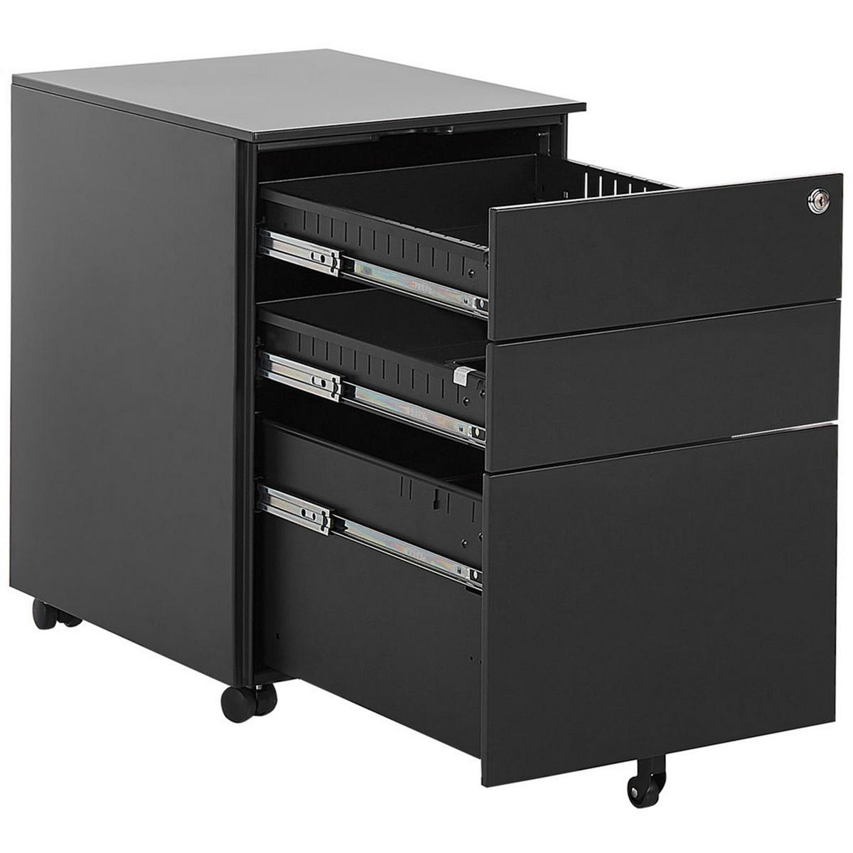 AKTENSCHRANK Metall schwarz 3 Schubladen mit Rollen Cami - Schwarz, Metall (39/60/50cm) - Beliani