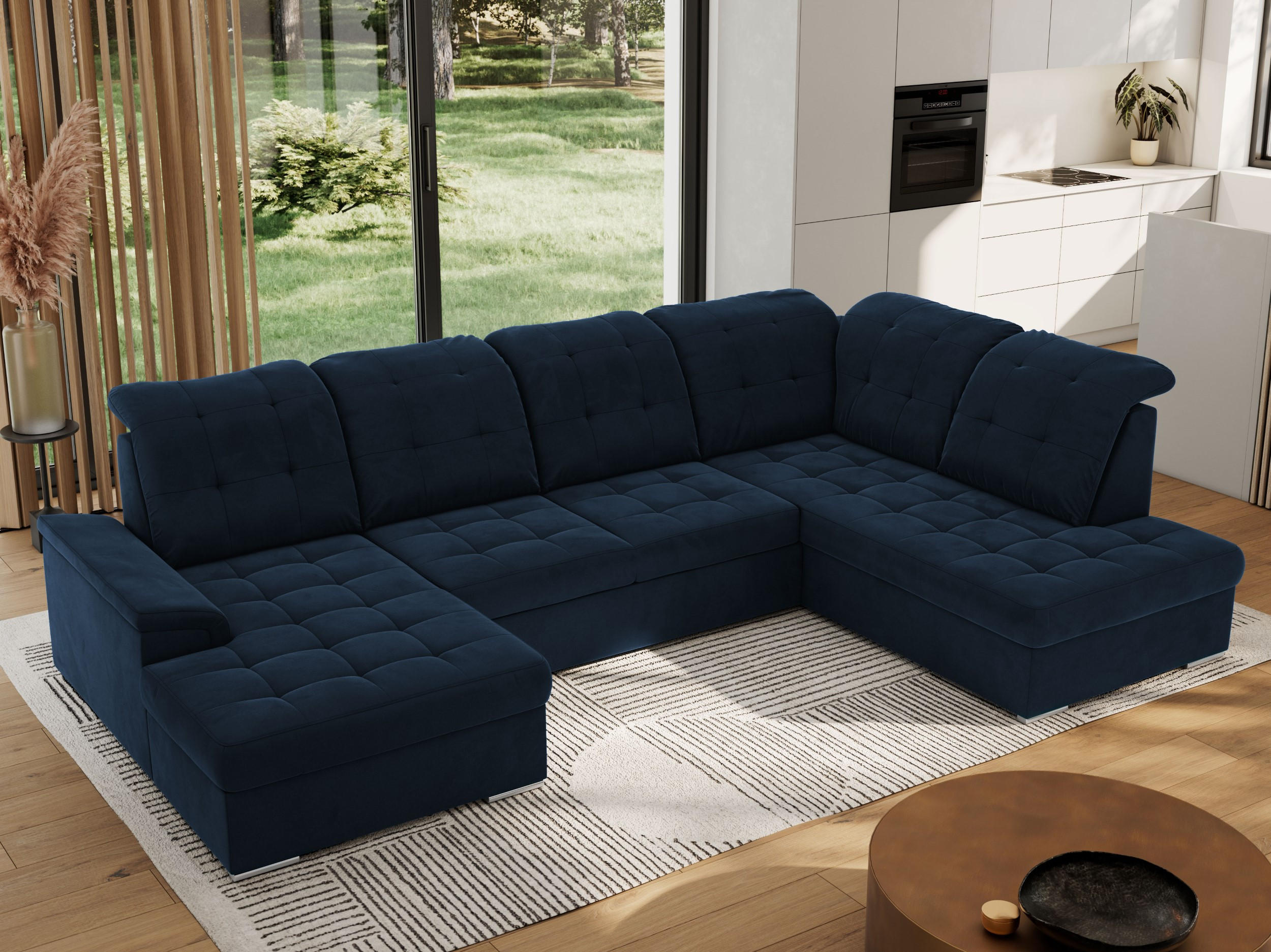WOHNLANDSCHAFT MADRITO U - Dunkelblau Velorus - Rechts - Silberfarben/Dunkelblau, Textil/Metall (323/89/204cm) - MKS