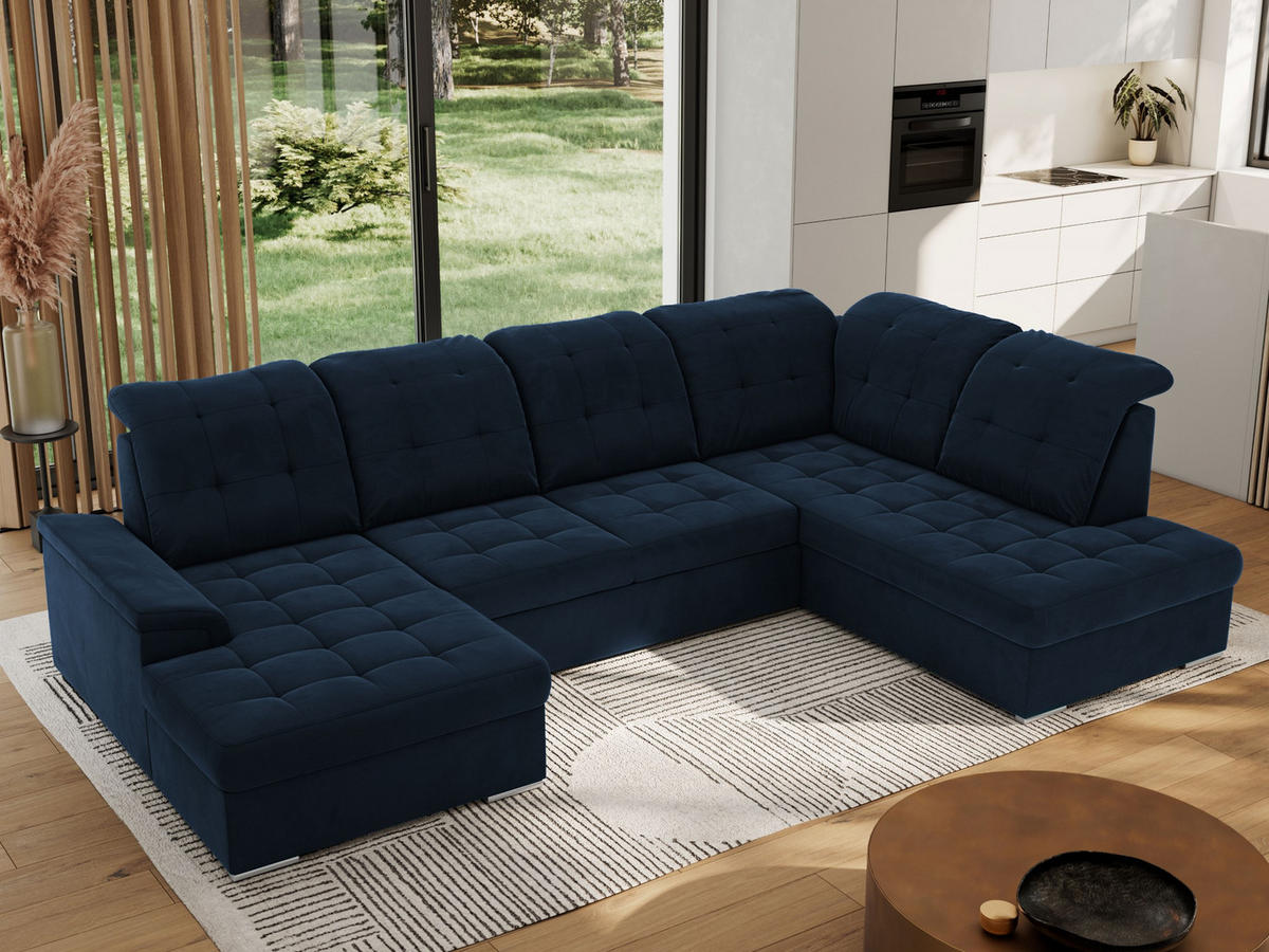 WOHNLANDSCHAFT MADRITO U - Dunkelblau Velorus - Rechts - Silberfarben/Dunkelblau, Textil/Metall (323/89/204cm) - MKS