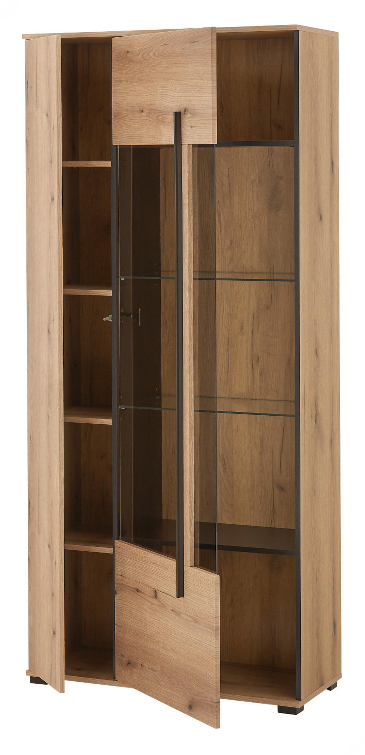 VITRINE Eiche Evoke, großer Vitrinenschrank 90 x 200 cm inklusive Beleuchtung - Eichefarben/Schwarz, Glas/Holzwerkstoff (90/200/37cm) - Furn.Design