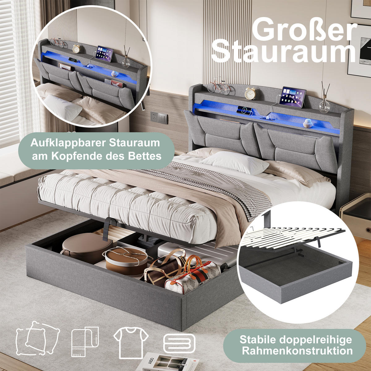 POLSTERBETT 140x190 cm Hellgrau Leinen LED USB Kopfteil Bettkasten - Grau, Holz (140/190cm) - SHOPENTRA