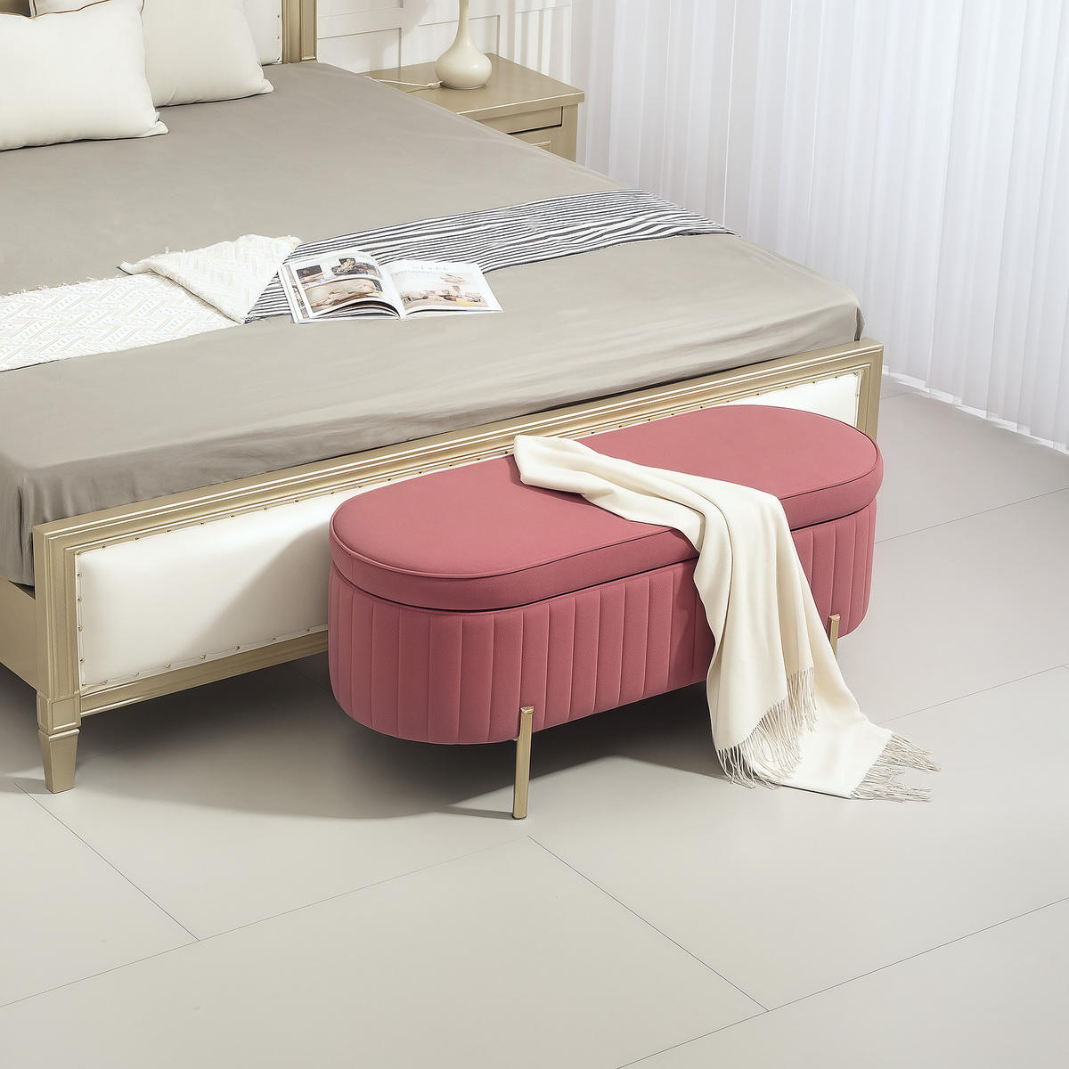 TRUHENBANK DE-16403 mit Samtbezug und Metallbeinen Rosa - Pink, Textil (108/43.5/44cm) - ComfortXL