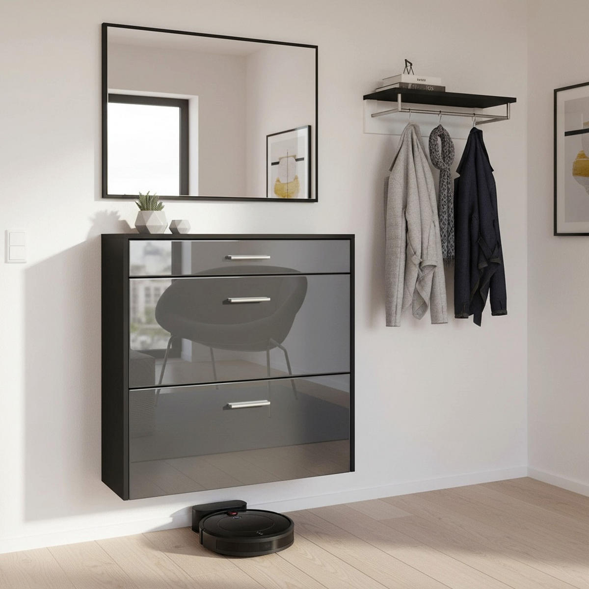 HÄNGENDER-SCHUHSCHRANK Roma Air Schmal mit 2 Klappen und 1 Schublade, Platzsparender Schuhkipper, Schwarz/Grau Hochglanz (89 x 87 x 23 cm) - Grau, Holzwerkstoff (89/87/23cm) - InnoFurn