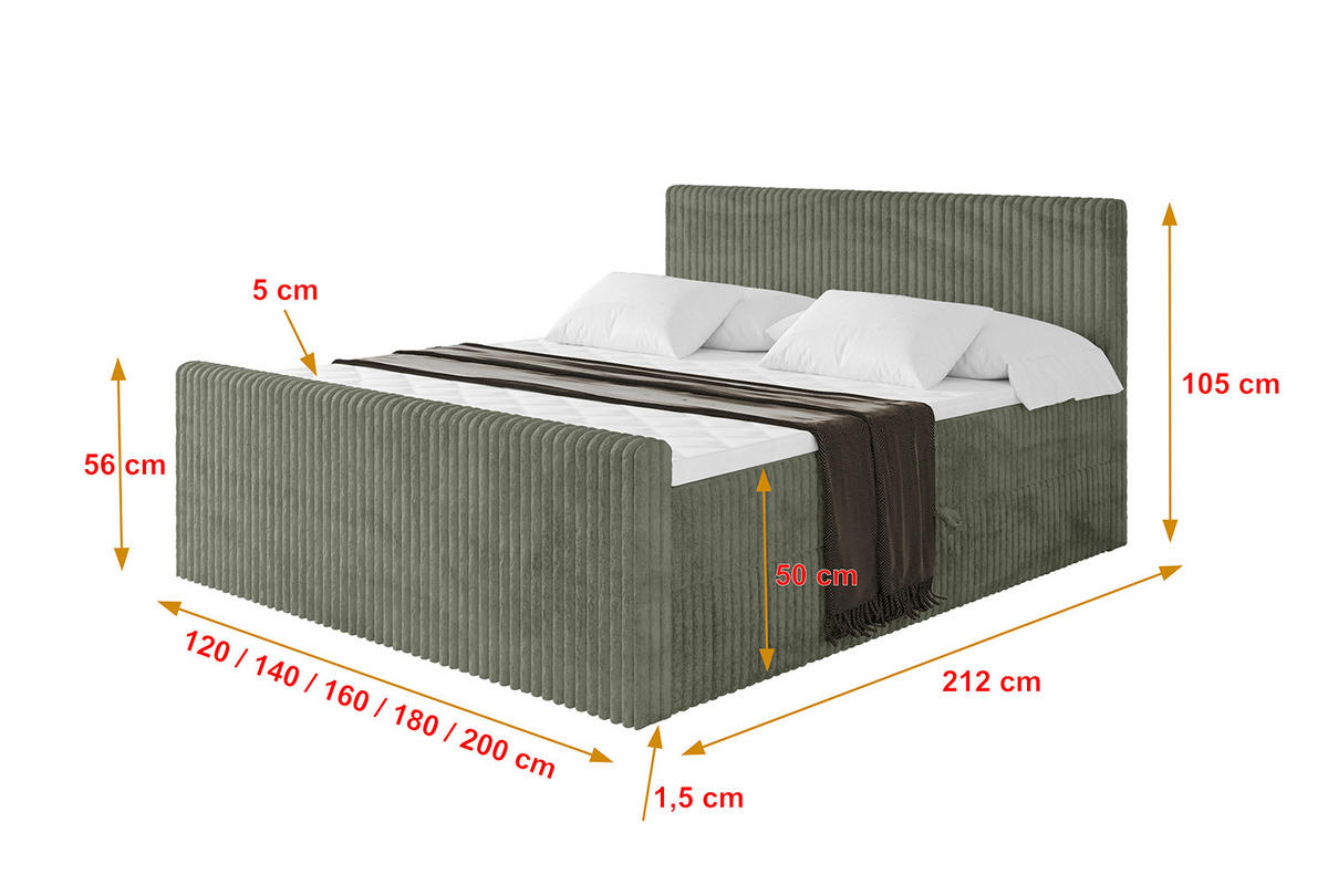 BOXBETT mit Matratze H4 und Lattenrost - TOLO-Z - 140x200 Cord - Olive - Olivgrün, Holzwerkstoff (140/200cm) - ALTDECOR