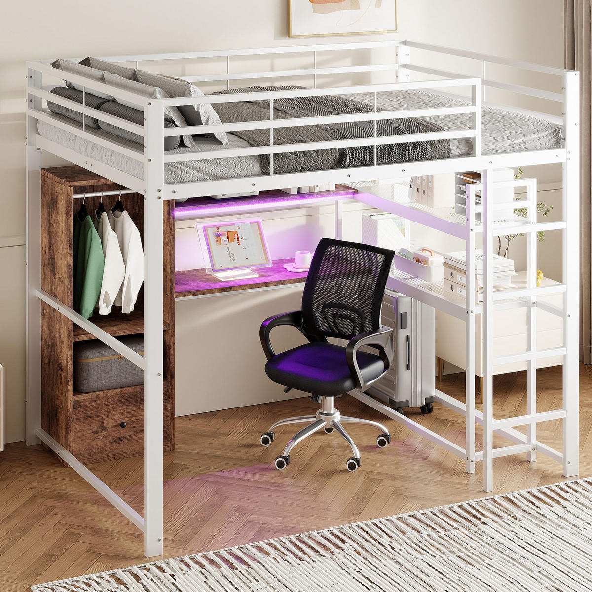 HOCHBETT 140/200 cm in Weiß mit Schreibtisch, Stauraum und LED-Beleuchtung - Weiß, Holzwerkstoff (140/200cm) - Flora Grace