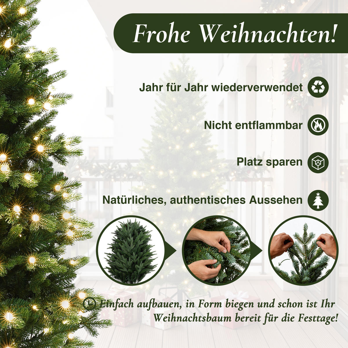 KÜNSTLICHER Weihnachtsbaum 155 cm mit 220 LEDs, Fichten-Optik,1257 PE/PVC-Spitzen - Grün, Kunststoff (81/155cm) - Hometopia