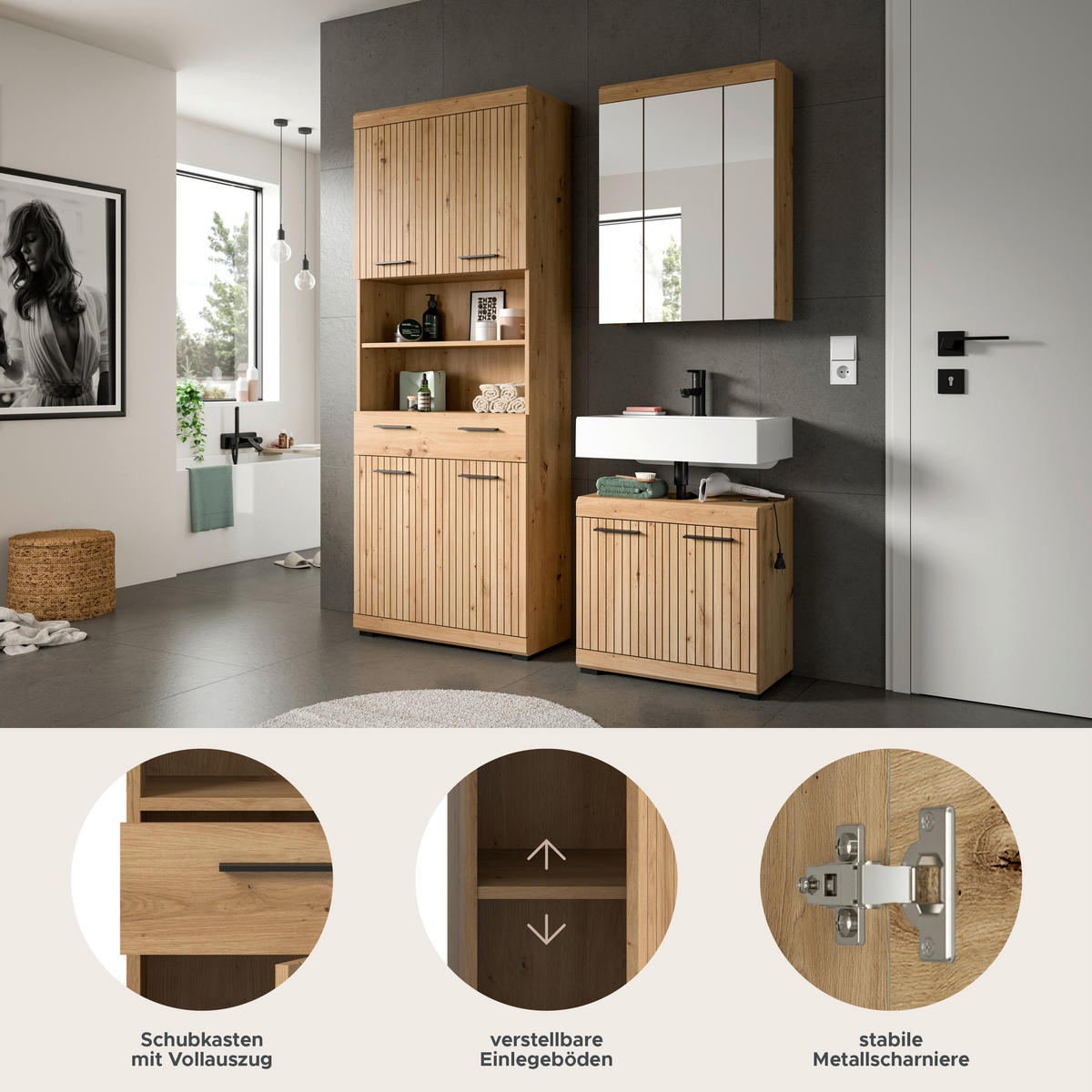 BADEZIMMER Vento 3-tlg. (B/H/T: ca. 149/191/34 cm) in Artisan Eiche /Artisan Eiche - Eiche Artisan, Holz (149/191/34cm)