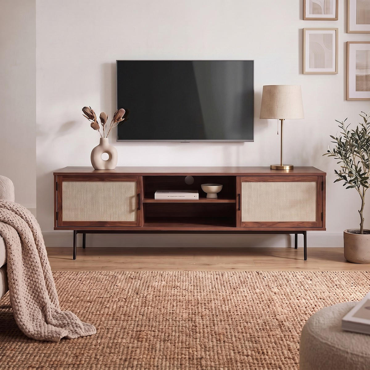 TV-MÖBEL in walnussdekor mit fronten aus stoff jetson 140/39,5/45 cm - Nussbaumfarben, Holzwerkstoff (140/45/39.5cm) - Calicosy
