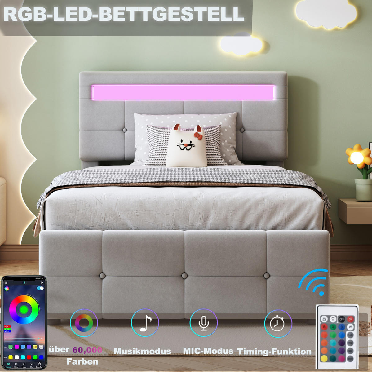 POLSTERBETT 90/200 cm Grau aus Samt mit LED-Beleuchtung und Stauraum - Grau, Textil (90/200cm) - OKMYHOME
