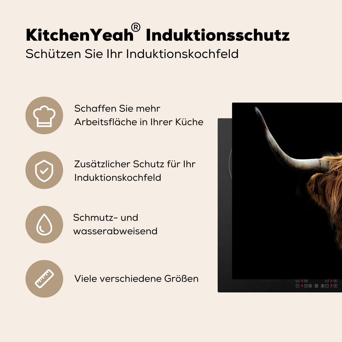 HERDABDECKPLATTE Schottischer Highlander - Hörner - Schwarz - Tiere - Natur - Wild - Kuh 85x52 cm - Cognac, Kunststoff (85/0.2/52cm) - MuchoWow
