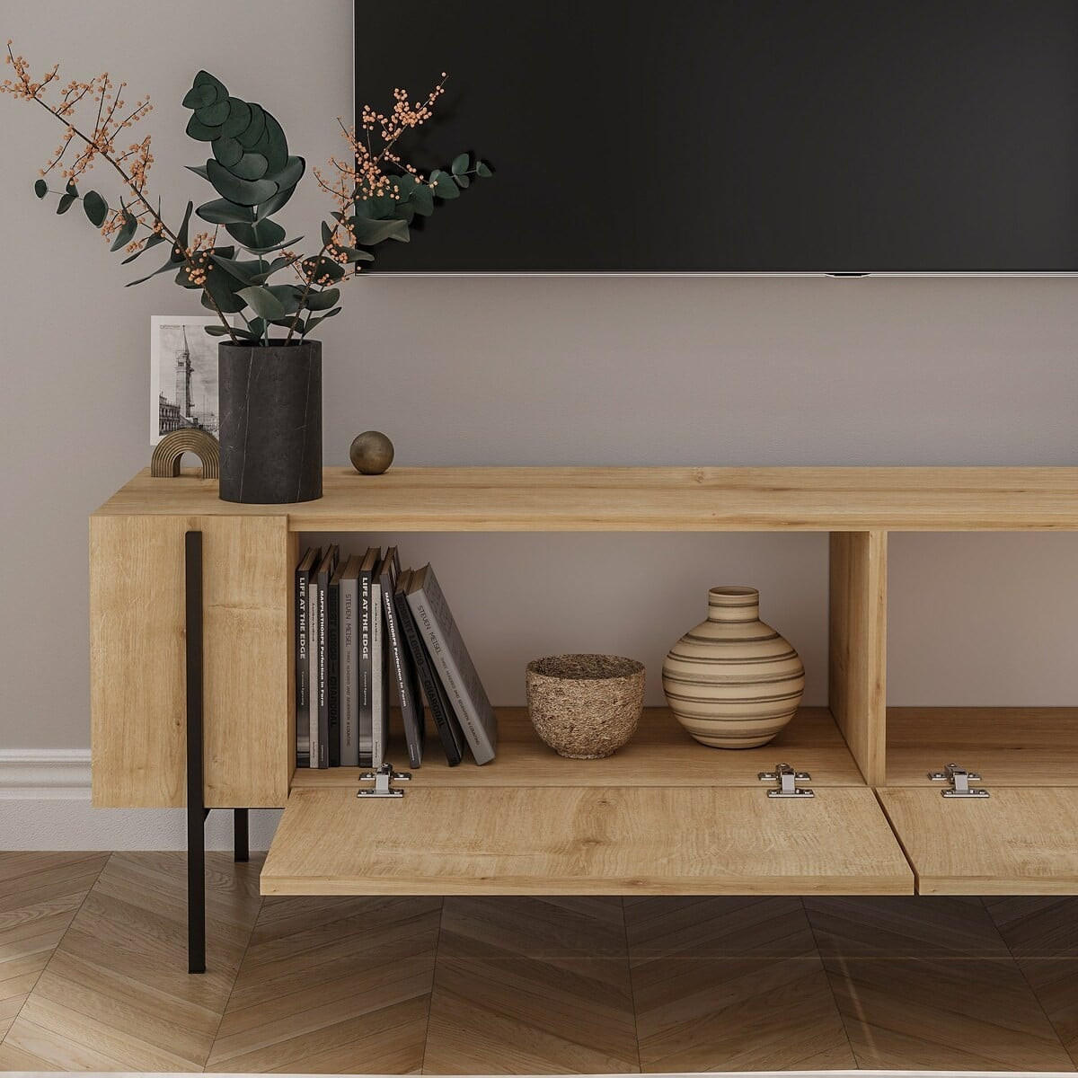 TV-MÖBEL mit 2 klappbaren Türen und Metallfüßen 31,4/160/45,6 cm - Eichefarben, Holzwerkstoff (31.4/45.6/160cm) - Calicosy