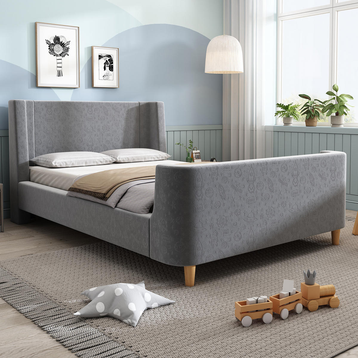 KINDERBETT 90/200 cm in Grau aus Samt mit Weltraummuster und Schlittenbett-Design - Grau, Textil (90/200cm) - Flora Grace