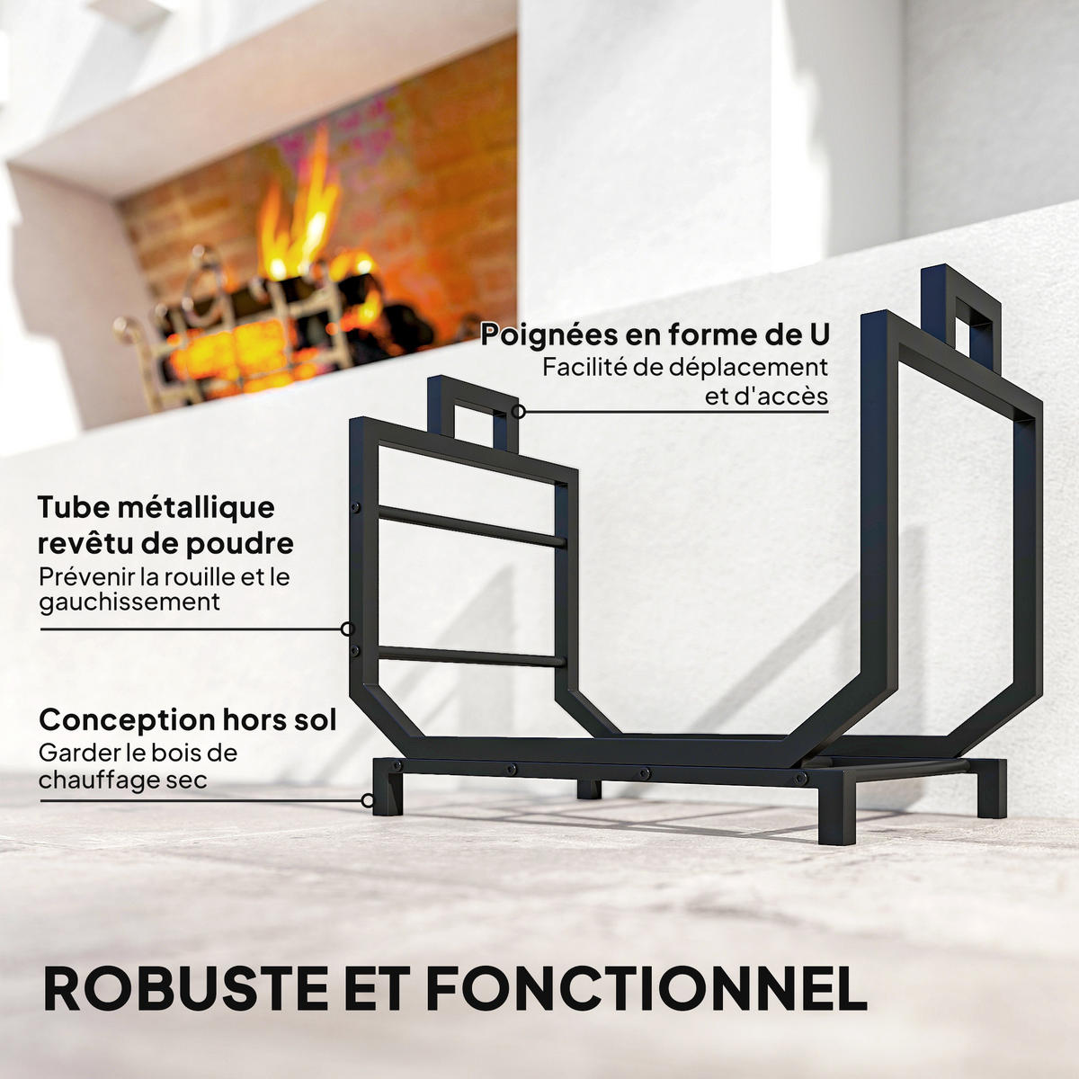 KAMINHOLZREGAL DE-18360 mit abnehmbarem Transportsack, 50 kg Schwarz - Schwarz, Metall (33/43/53cm) - ComfortXL