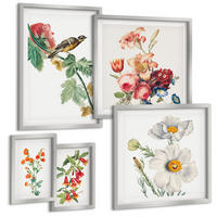 BILDER SET 5er Set - 50x50 cm & 20x30 cm & 40x60 cm Silberner Rahmen - Gemalte Blumen, Retro-Vogel - Silberfarben, Kunststoff (40/60cm) - TULUP