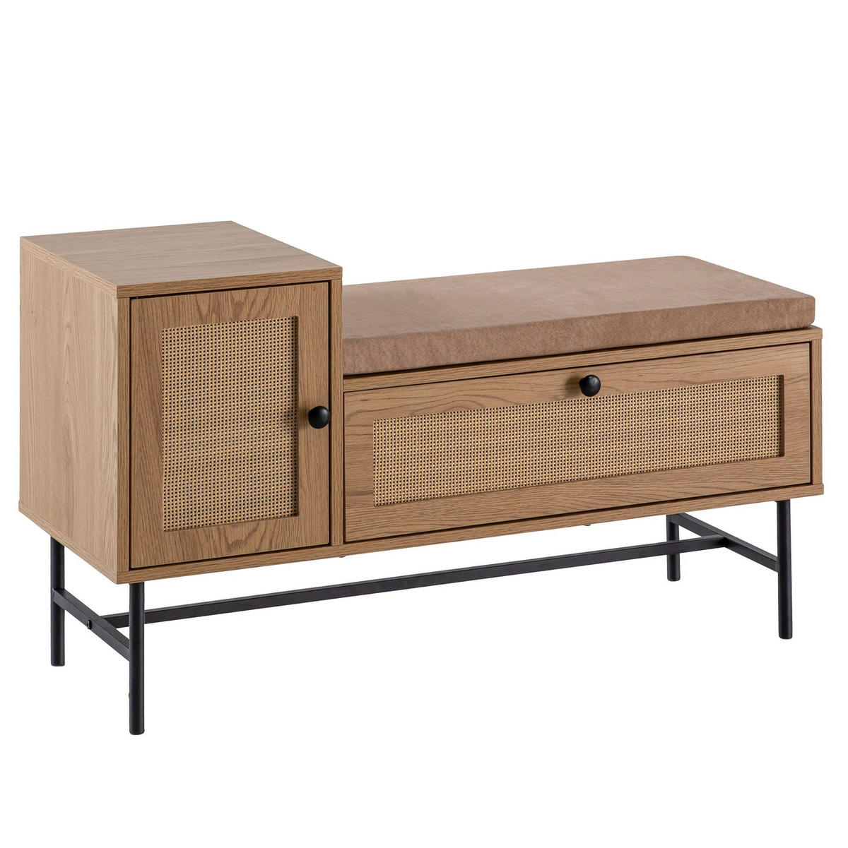 SCHUHBANK – Eiche-Dekor, 100x60x38 cm, Rattan-Elemente, gepolstert, mit Stauraum - Beige/Schwarz, Textil/Metall (100/60/38cm) - KADIMA DESIGN