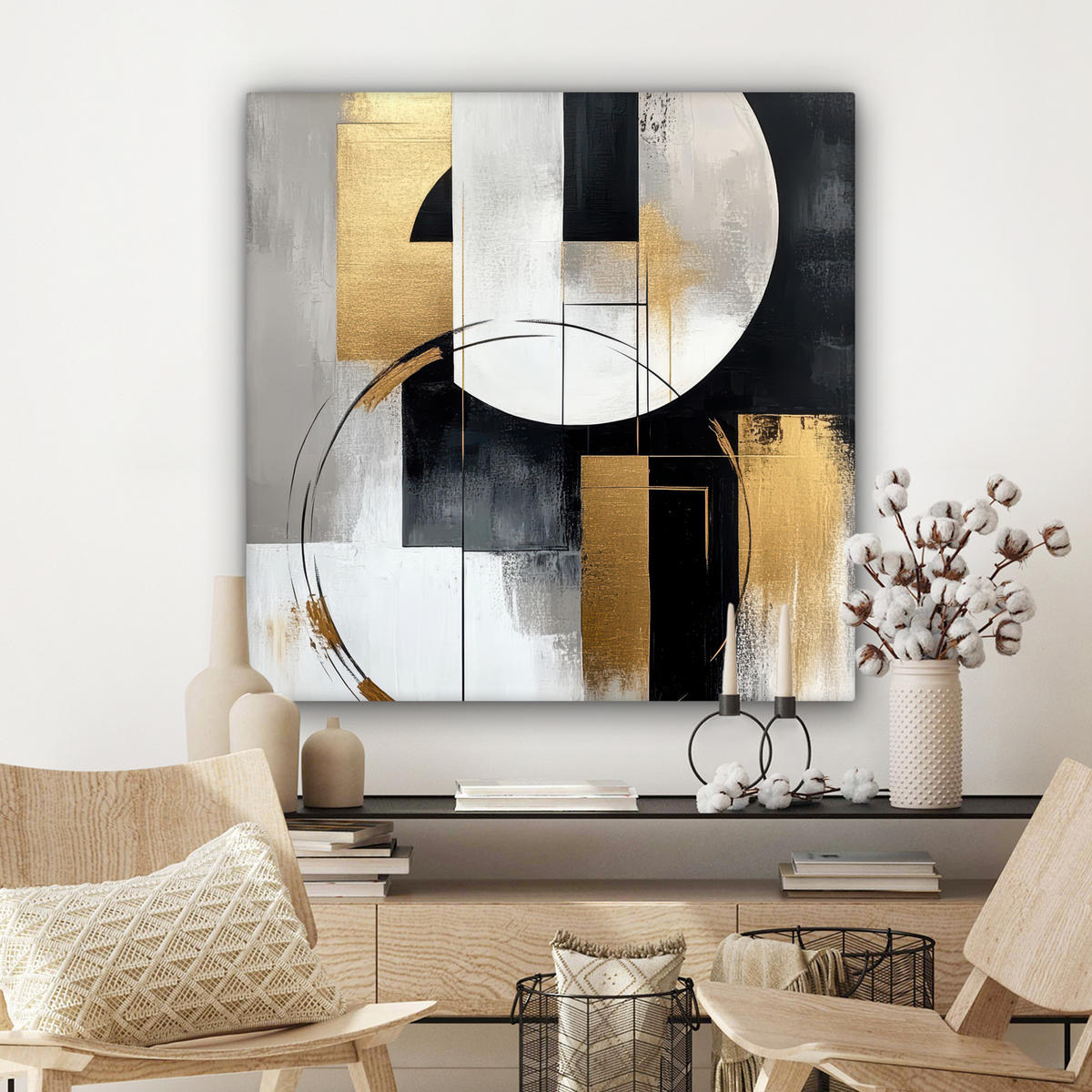 LEINWANDBILD - Abstrakt - Gold - Silber - Formen - Ästhetik - 90x90 - Gemälde - Multicolor, Textil (90/90cm) - MuchoWow