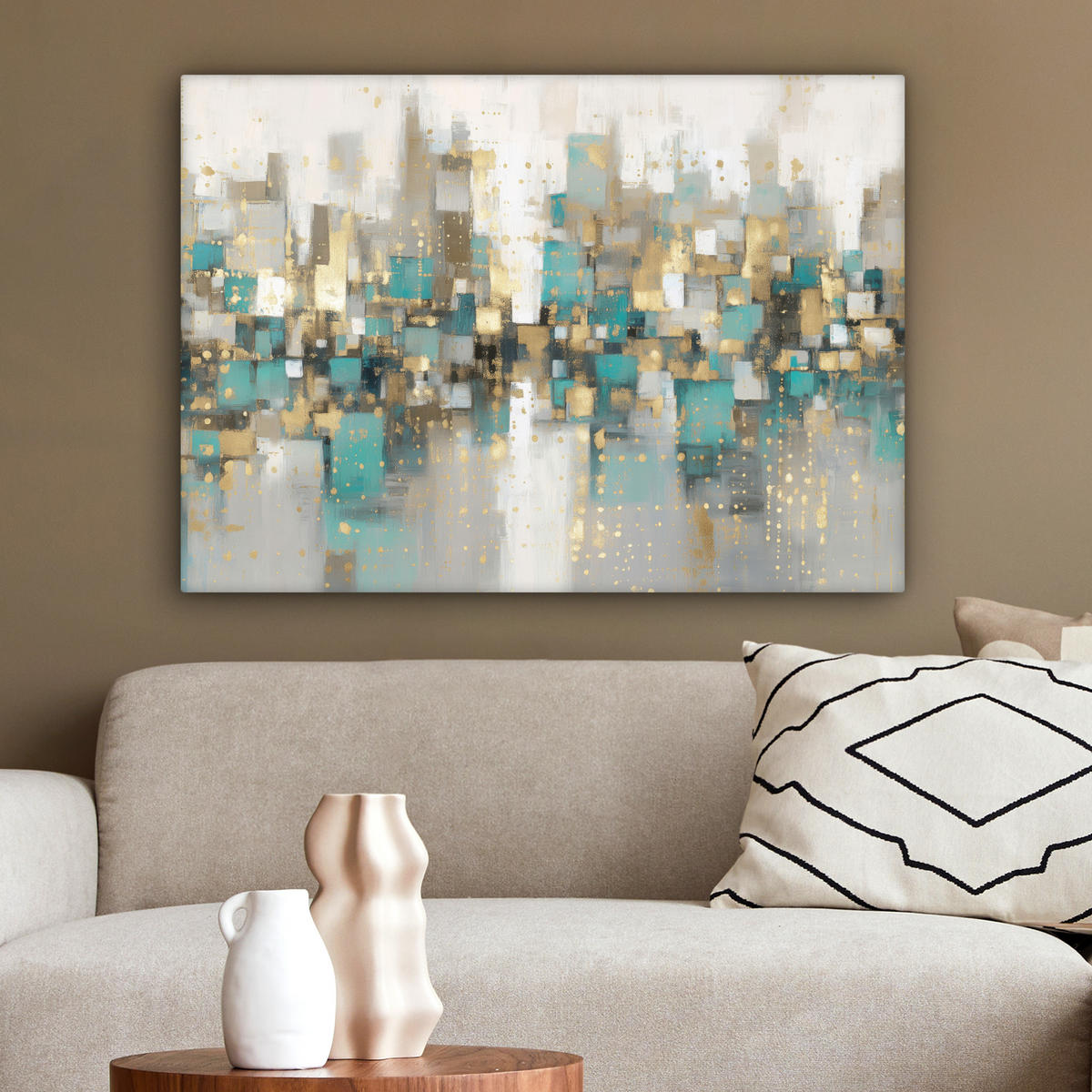 LEINWANDBILD Abstrakt - Blöcke - Gold - Skyline Wandbilder 80x60 cm - Beige, Textil (80/60cm) - MuchoWow