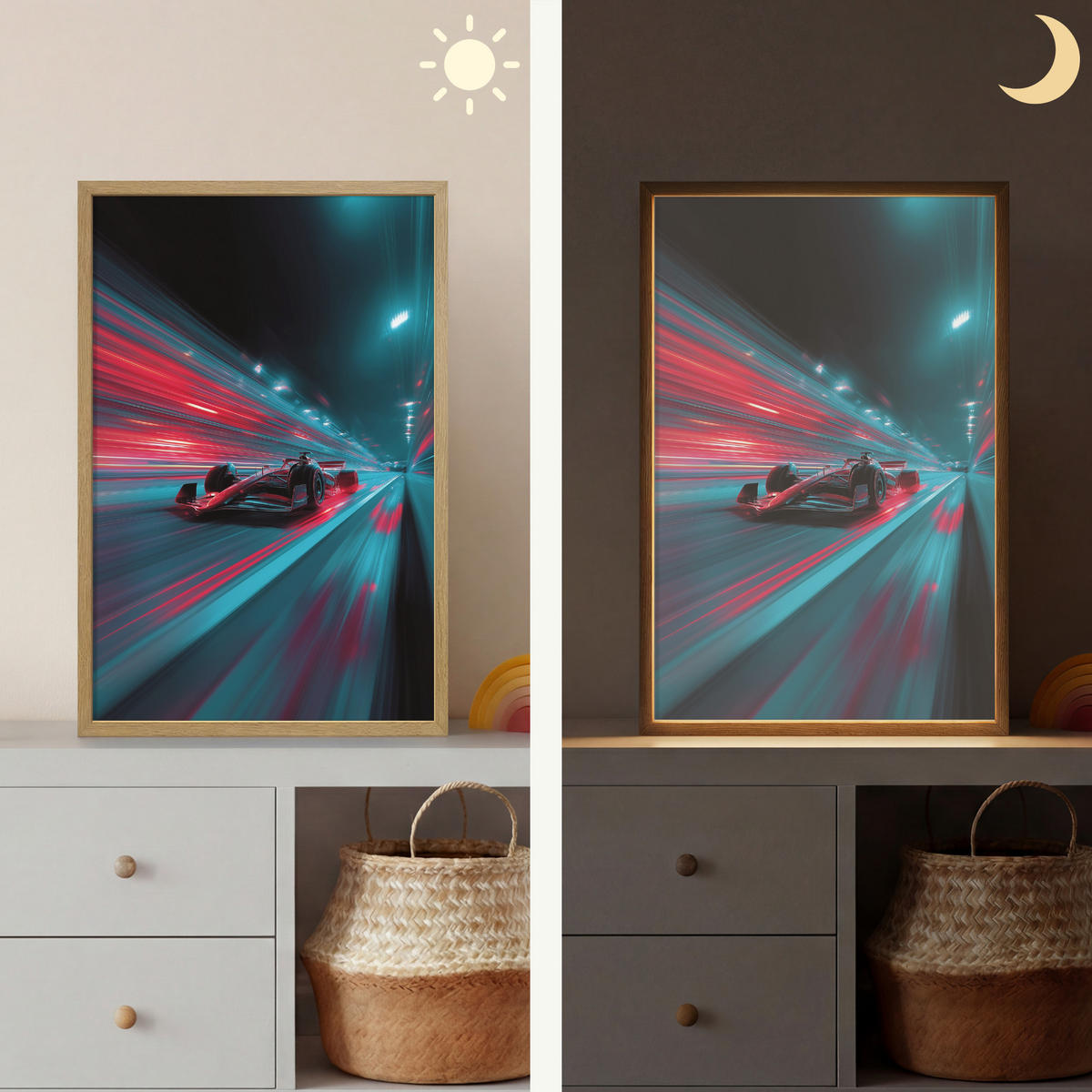 NÁSTĚNNÁ LAMPA S AKUMULÁTOREM Závodní auto - Červená - Rychlost 40x60 cm - tyrkysová, kompozitní dřevo (40/60/8cm) - OnlyWow