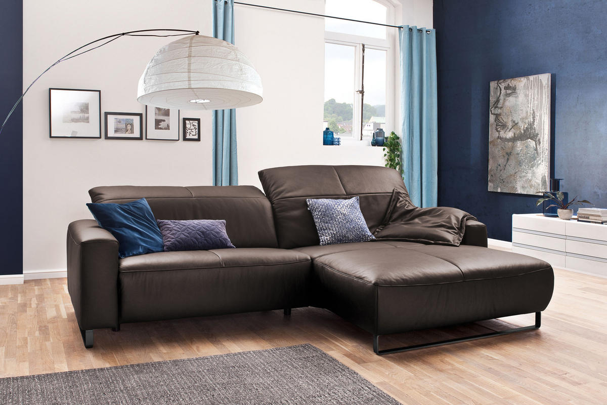 ECKSOFA MIT SITZTIEFENVERSTELLUNG YORK Sonoma Trüffel Dekor Leder - Schwarz/Sonoma Eiche, Leder (284/180cm) - KAWOLA