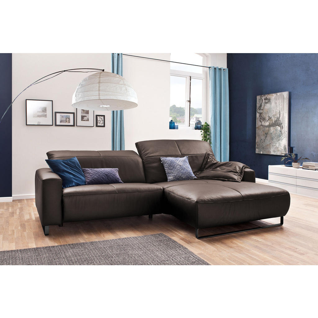 Thumbnail - Kawola Ecksofa, Sonoma Eiche, Schwarz, Leder, Echtholz, 3-Sitzer, Füllung: Komfortschaum, Ottomane rechts, L-Form, 284x1...