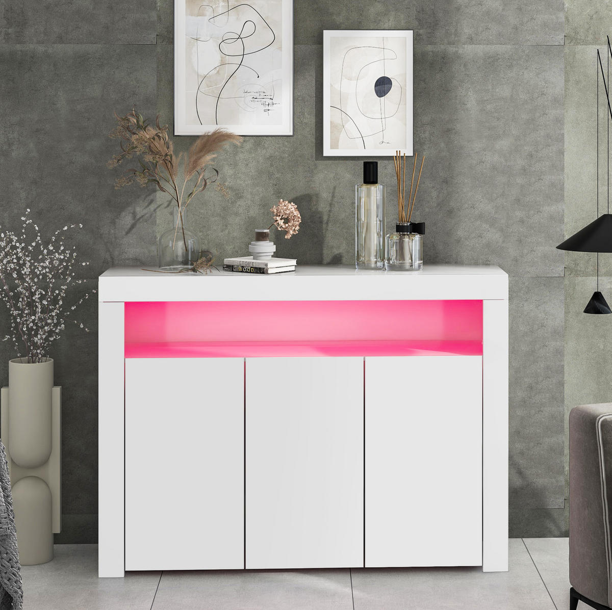 SIDEBOARD 130/35/95 cm Weiß aus Spanplatte mit LED-Beleuchtung - Weiß, Holzwerkstoff (130/95/35cm) - OKWISH