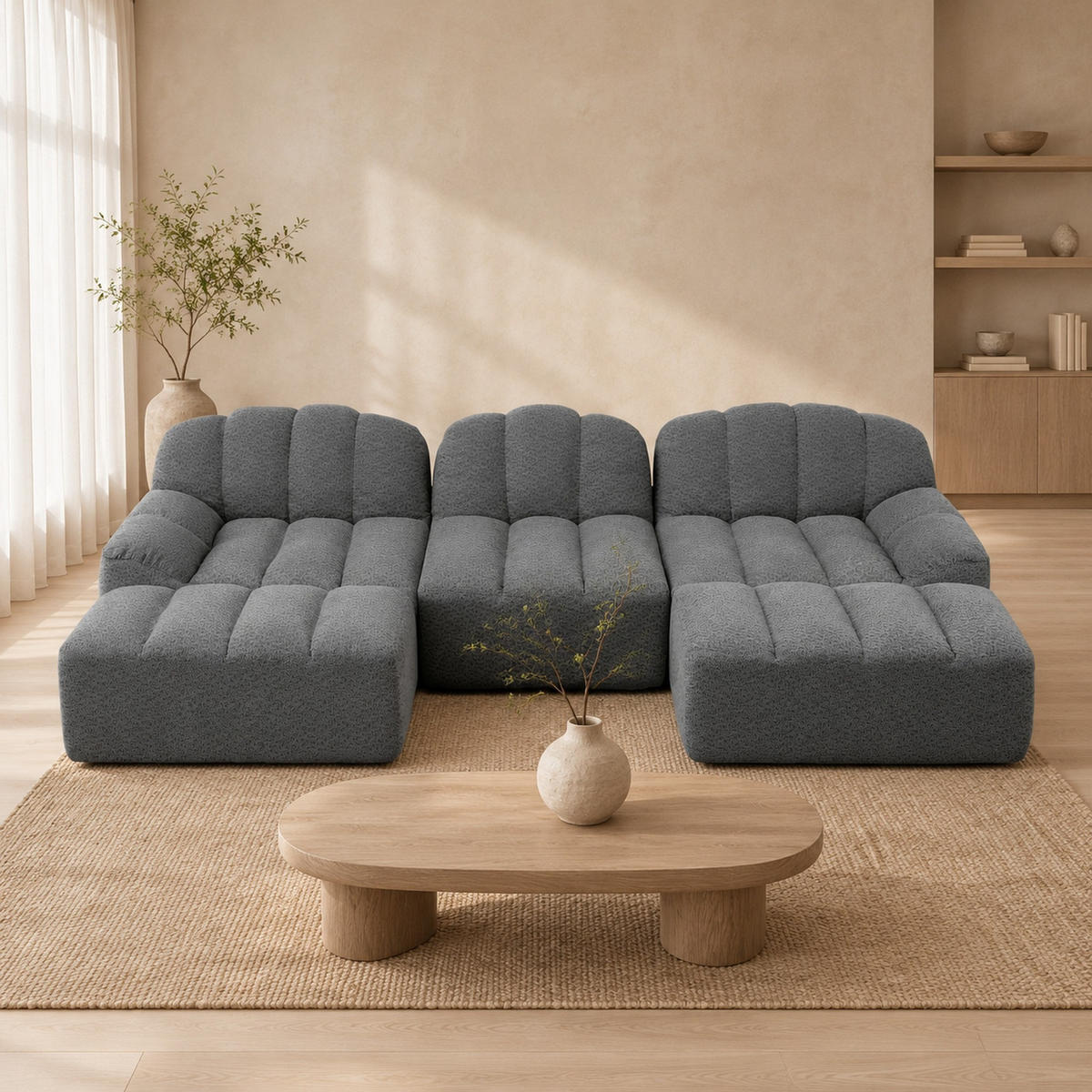 ECKSOFA aus granuliertem Fleece Grau 288x165x79 cm, modular in U- und L-Form stellbar - Grau, Textil (165/288cm) - IVMEU