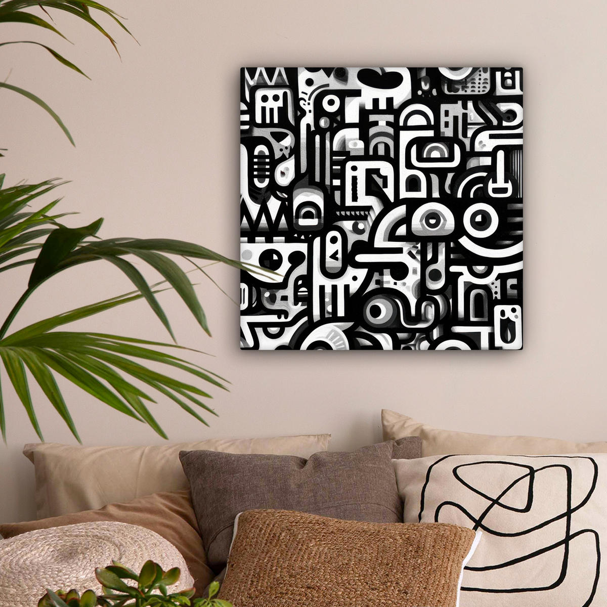 LEINWANDBILD Symbole - Abstrakt - Grafik - Schwarz Wandbild Wohnzimmer 50x50 cm - Schwarz, Textil (50/50cm) - MuchoWow