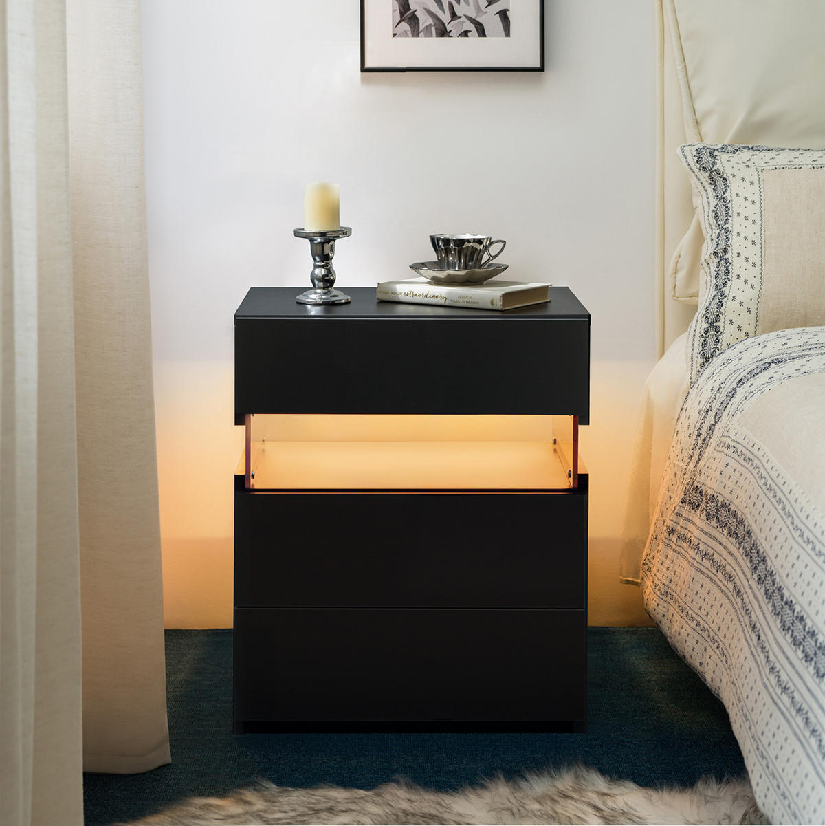 NACHTTISCH aus Holzwerkstoff 48x38x61 cm Schwarz mit LED-Beleuchtung und 3 Schubladen - Schwarz, Holzwerkstoff (48/61/38cm) - Modfu