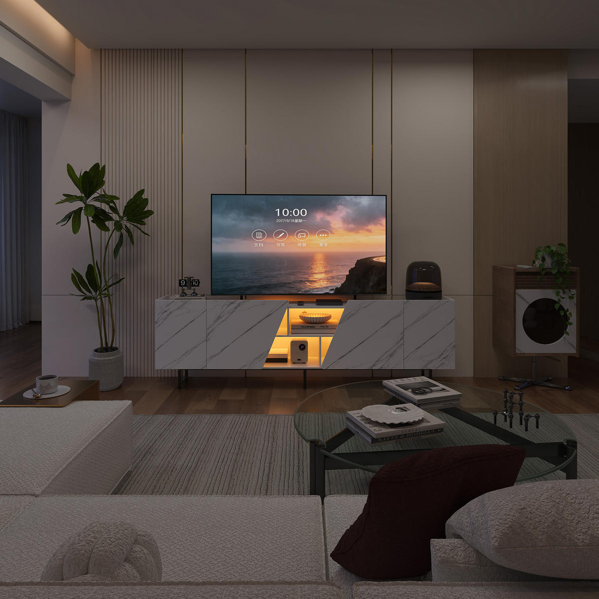 TV-BOARD weiß 220cm marmor-optik metallgestell - Weiß, Holzwerkstoff (34.5/67.7/220cm) - SHOPENTRA