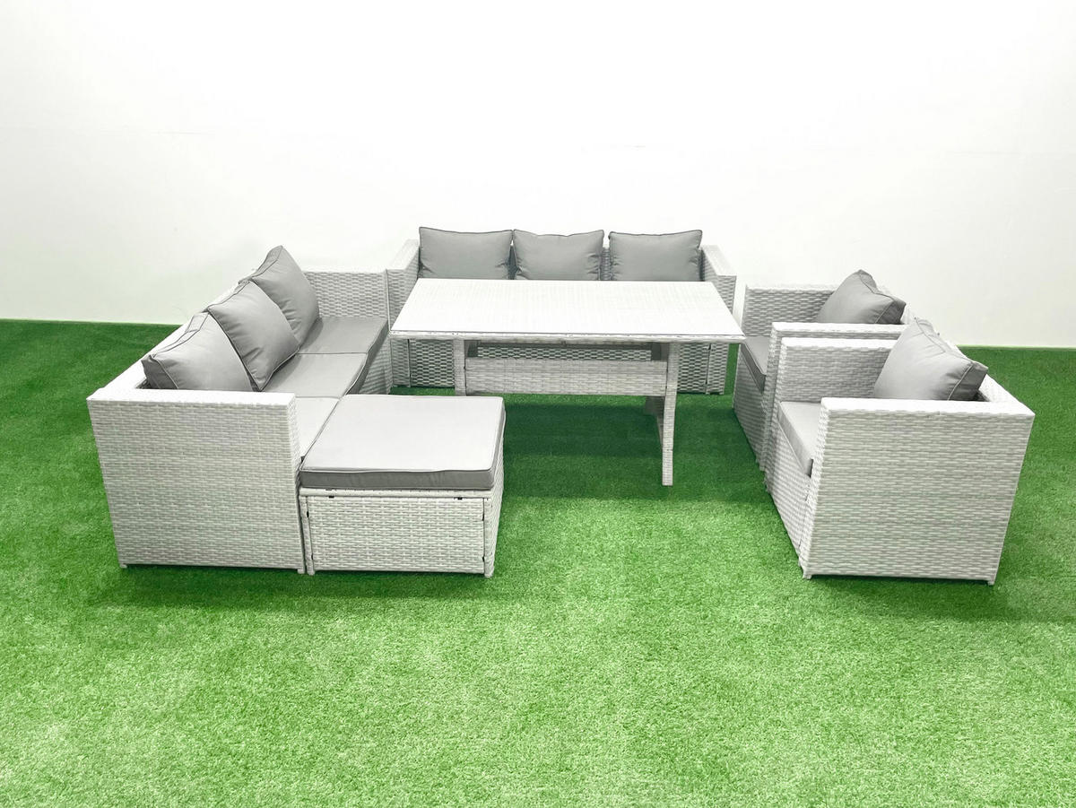 GARTENMÖBEL SET mit 3-Sitzer-Sofa und 2 Stühle, Esstisch,Großer Fußhocker Polyrattan Hellgrau 9-Sitzer - Hellgrau/Grau, Glas/Kunststoff - Fimous