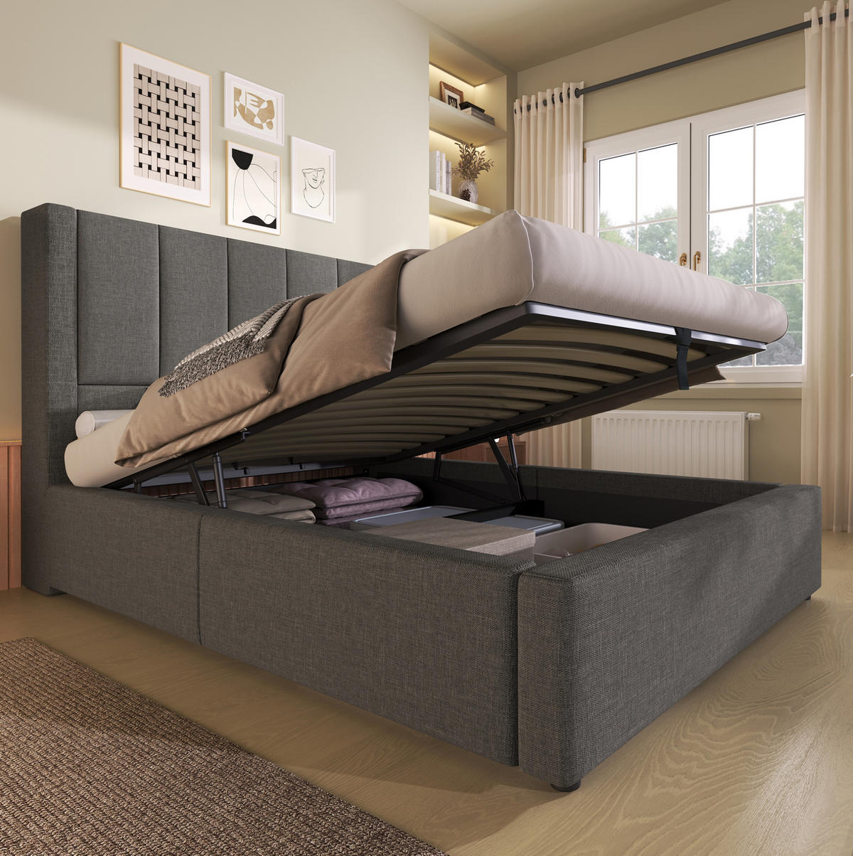 POLSTERBETT 90/200 cm aus Leinen mit Ladestation verstecktem Becherhalter und Stauraum Grau - Grau, Textil (90/200cm) - Modenvie