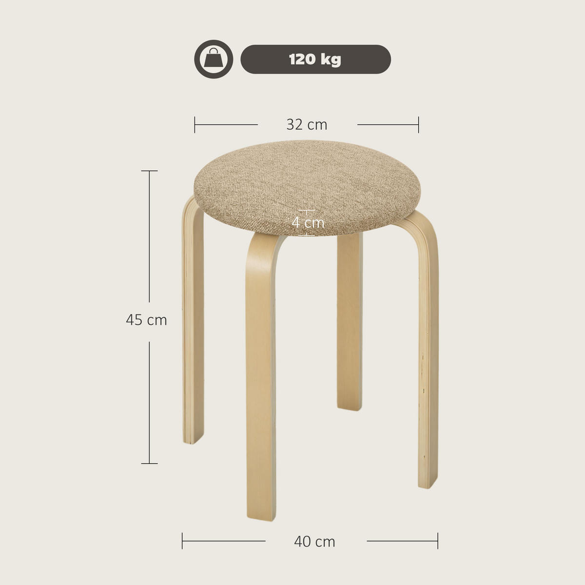 HOCKER 4er Set Holzwerkstoff Polyester Khaki - Naturfarben/Braun, Birkenholz/Holzwerkstoff (40/45/40cm) - HOMCOM